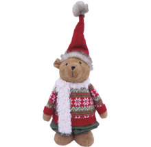 Plüschbär Weihnachtsfigur mit Strickpullover, roter Zipfelmütze und weißem Schal.
