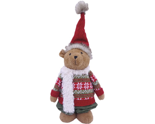 Plüschbär Weihnachtsfigur mit Strickpullover, roter Zipfelmütze und weißem Schal.