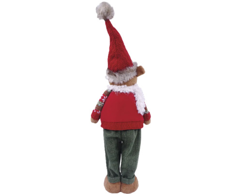 Weihnachtsfigur Rentier mit roter Strickmütze, rotem Pullover und grüner Hose, Rückansicht.