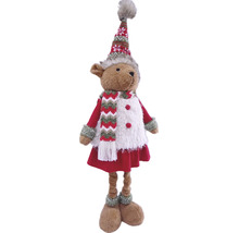 Stehende Weihnachtsfigur Rentier in winterlicher Kleidung mit Mütze, Schal und rotem Rock aus Textil.