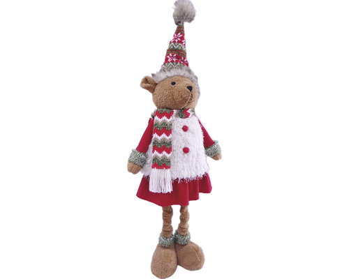 Stehende Weihnachtsfigur Rentier in winterlicher Kleidung mit Mütze, Schal und rotem Rock aus Textil.