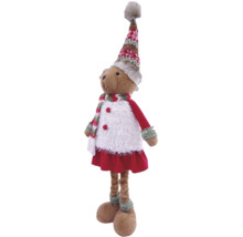 Weihnachts-Teddybär stehend mit rot-grün gemusterter Zipfelmütze, Schal, weißer Weste und rotem Kleid, Plüschfigur.