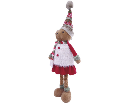 Weihnachts-Teddybär stehend mit rot-grün gemusterter Zipfelmütze, Schal, weißer Weste und rotem Kleid, Plüschfigur.