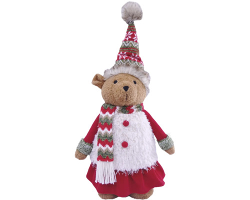 Weihnachtsdekoration Teddybär aus Plüsch mit Strickmütze, Schal und rotem Kleid mit weißem Kunstfell.