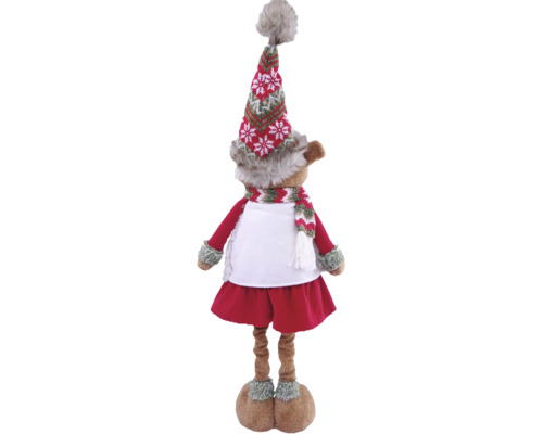 Weihnachtsfigur Rentier-Mädchen in rotem Kleid mit weißer Schürze, gestrickter Zipfelmütze und Schal aus Textil.