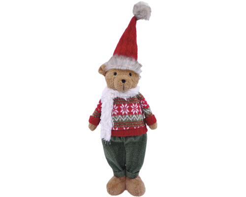Weihnachts-Teddybär mit roter Mütze, gemustertem Pullover, weißem Schal und grüner Hose.