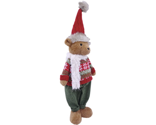 Weihnachts-Dekofigur Bär mit Strickmütze, Pullover mit Schneeflockenmuster, Schal und Hose.