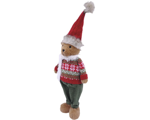 Weihnachts-Teddybär mit roter Zipfelmütze, gemustertem Strickpullover, grüner Hose und weißem Schal.