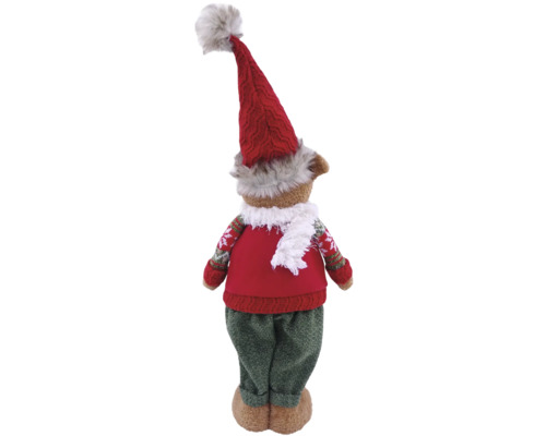 Weihnachtsfigur Bär aus Plüsch von hinten mit roter Zipfelmütze, rotem Pullover, weißem Schal und grüner Hose.