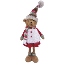 Stehende Dekofigur Teddybär mit gemusterter Mütze, passendem Schal und flauschiger Weste.