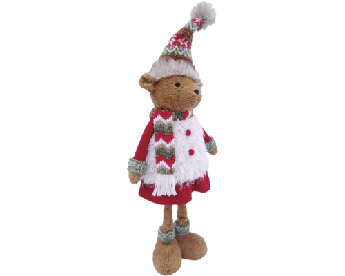 Weihnachtsfigur als brauner Teddybär aus Plüsch mit hoher Zipfelmütze, rot-weißem Schal und weißer Weste.