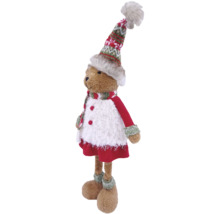 Stehender Weihnachts-Teddybär aus Plüsch mit rot-weiß-grüner Kleidung, langer Zipfelmütze und Schal.