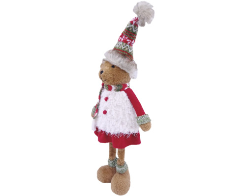 Stehender Weihnachts-Teddybär aus Plüsch mit rot-weiß-grüner Kleidung, langer Zipfelmütze und Schal.