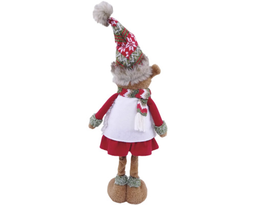 Plüsch-Rentier Weihnachtsdekoration von hinten, mit rot-weißer Strickmütze, Schal, weißem Oberteil und rotem Rock.
