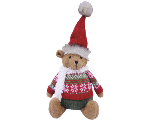 Weihnachtlicher Teddybär mit roter Zipfelmütze, weißem Schal und rot-grünem Strickpullover mit Schneeflockenmuster.