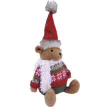 Weihnachtsdekoration Plüschbär mit Zipfelmütze, Strickpullover mit Schneeflockenmuster und flauschigem Schal.