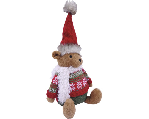 Weihnachtsdekoration Plüschbär mit Zipfelmütze, Strickpullover mit Schneeflockenmuster und flauschigem Schal.