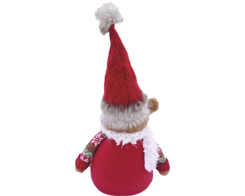 Weihnachts-Plüschfigur Rentier mit roter Strickmütze und weißem Schal von hinten.