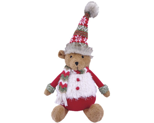 Weihnachts-Teddybär mit Strickmütze, Schal und rotem Pullover, Plüschfigur für die Weihnachtsdekoration.