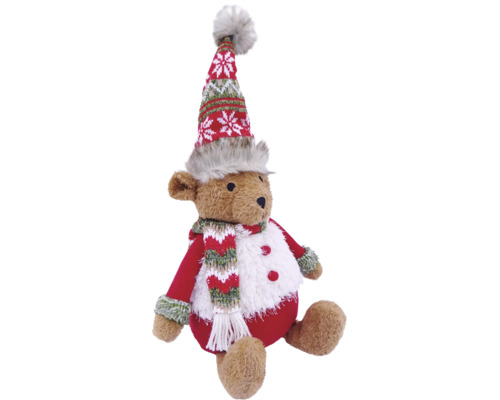 Sitzender Plüsch-Teddybär mit rot-weißer Zipfelmütze, Schal und rotem Pullover.