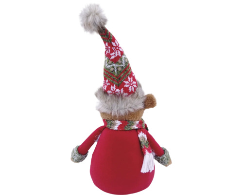 Weihnachtsdeko Plüschwichtel mit gestrickter Zipfelmütze und Schal, Rückansicht.