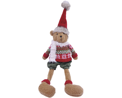 Weihnachts-Plüschbär mit roter Nikolausmütze, gemustertem Strickpullover, grüner Hose und weißem Schal.