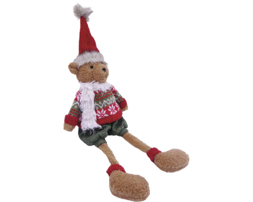 Plüsch-Teddybär als Weihnachtsfigur mit roter Zipfelmütze, gemustertem Strickpullover, weißem Schal und grüner Hose.