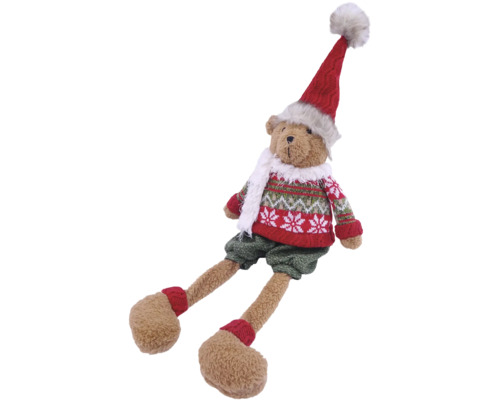 Weihnachts-Teddybär mit Strickpullover, Weihnachtsmütze, Schal und langen Beinen. Dekorative Plüschfigur für Weihnachten.