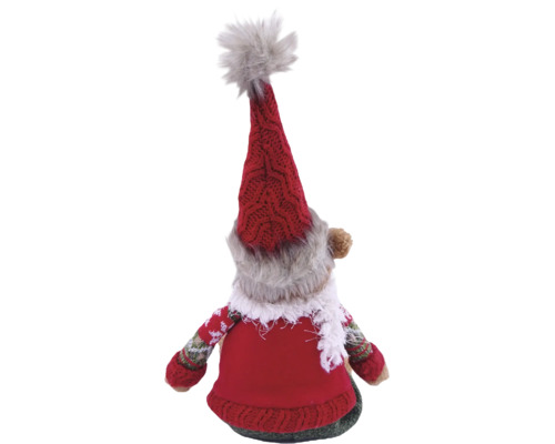 Rückansicht eines Plüsch-Weihnachtswichtels mit roter Strickmütze mit Pelzpompon und passendem Pullover.