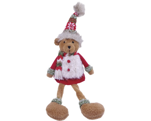 Weihnachts-Teddybär mit Strickmütze, Schal und rotem Mantel, Plüschfigur für die Weihnachtsdekoration.