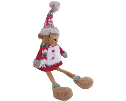 Sitzender Plüsch-Teddybär in Winterkleidung mit Zipfelmütze, Schal und rotem Kleid.