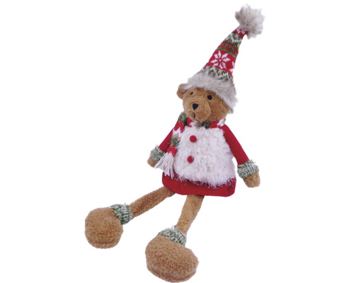 Weihnachts-Stoffbär mit Zipfelmütze, Schal und rotem Pullover.