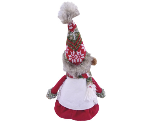 Weihnachts-Dekofigur mit rot-grün gestrickter Zipfelmütze, Schal und weißem Gewand mit Kunstfell-Besatz.
