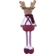Plüsch-Rentierfigur von hinten mit Geweih, Schal und langen gestreiften Beinen für die Weihnachtsdekoration.