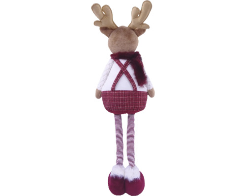 Plüsch-Rentierfigur von hinten mit Geweih, Schal und langen gestreiften Beinen für die Weihnachtsdekoration.