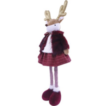 Dekorative Weihnachtsfigur Rentier stehend, bekleidet mit Kunstpelzjacke, kariertem Rock und gestreiften Beinen, goldene Glitzergeweihe.