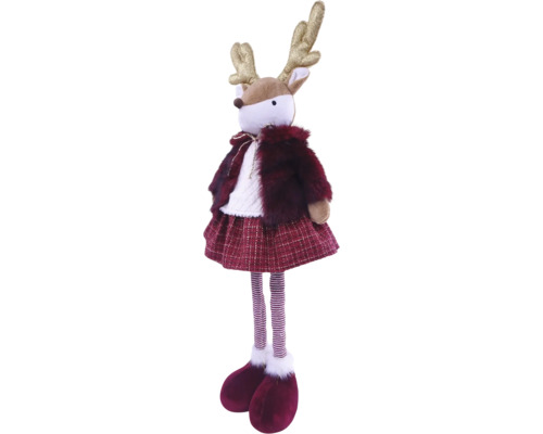 Dekorative Weihnachtsfigur Rentier stehend, bekleidet mit Kunstpelzjacke, kariertem Rock und gestreiften Beinen, goldene Glitzergeweihe.