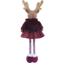 Rückansicht einer Deko-Rentierfigur mit Geweih, Plüschjacke, kariertem Rock und langen gestreiften Beinen.