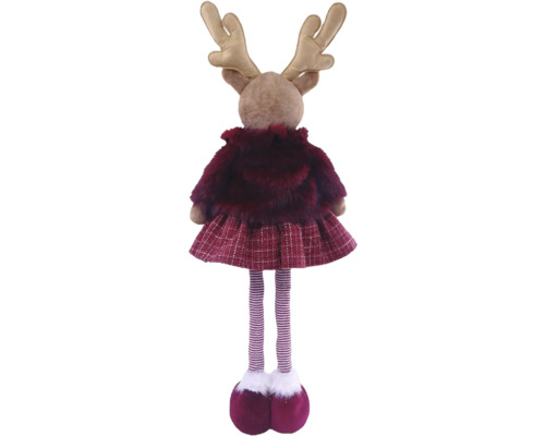 Rückansicht einer Deko-Rentierfigur mit Geweih, Plüschjacke, kariertem Rock und langen gestreiften Beinen.