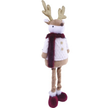 Weihnachtsfigur Rentier stehend mit goldenem Geweih, weißem Pullover und weinrotem Schal.