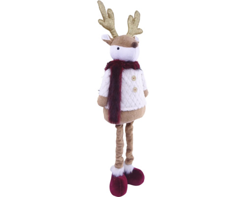 Weihnachtsfigur Rentier stehend mit goldenem Geweih, weißem Pullover und weinrotem Schal.