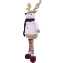 Weihnachts-Rentierfigur aus Plüsch mit langen Beinen, goldenem Glitzergeweih, weißem Pullover, dunkelrotem Schal und Stiefeln.