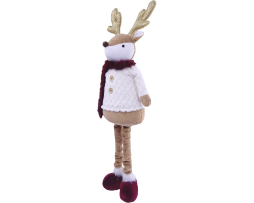 Weihnachts-Rentierfigur aus Plüsch mit langen Beinen, goldenem Glitzergeweih, weißem Pullover, dunkelrotem Schal und Stiefeln.
