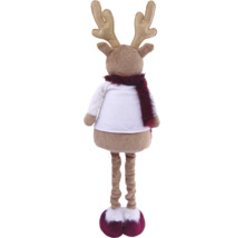 Plüsch-Rentier-Weihnachtsdekoration in der Rückansicht mit weißem Pullover, dunkelrotem Schal und großen Geweihen.