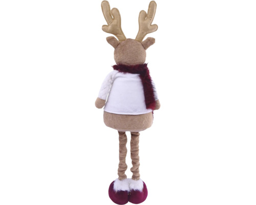 Plüsch-Rentier-Weihnachtsdekoration in der Rückansicht mit weißem Pullover, dunkelrotem Schal und großen Geweihen.