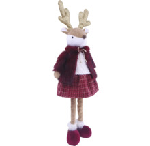 Weihnachtsfigur Rentier stehend aus Textil und Plüsch mit roter Jacke, kariertem Rock und glitzerndem Geweih.