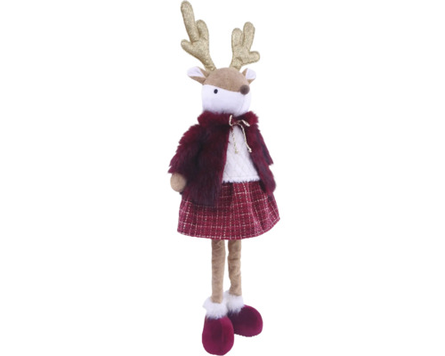 Weihnachtsfigur Rentier stehend aus Textil und Plüsch mit roter Jacke, kariertem Rock und glitzerndem Geweih.