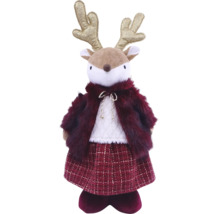 Dekorative Rentier-Plüschfigur mit goldenem Geweih, rotem Kunstfell-Cape, weißem Pullover und kariertem Rock für die Weihnachtsdekoration.