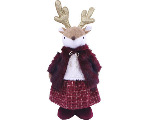 Dekorative Rentier-Plüschfigur mit goldenem Geweih, rotem Kunstfell-Cape, weißem Pullover und kariertem Rock für die Weihnachtsdekoration.