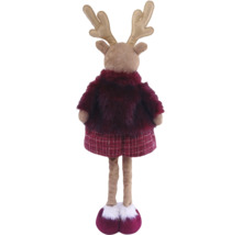 Stehende Rentier-Weihnachtsfigur mit Kunstfellmantel und kariertem Rock von hinten.